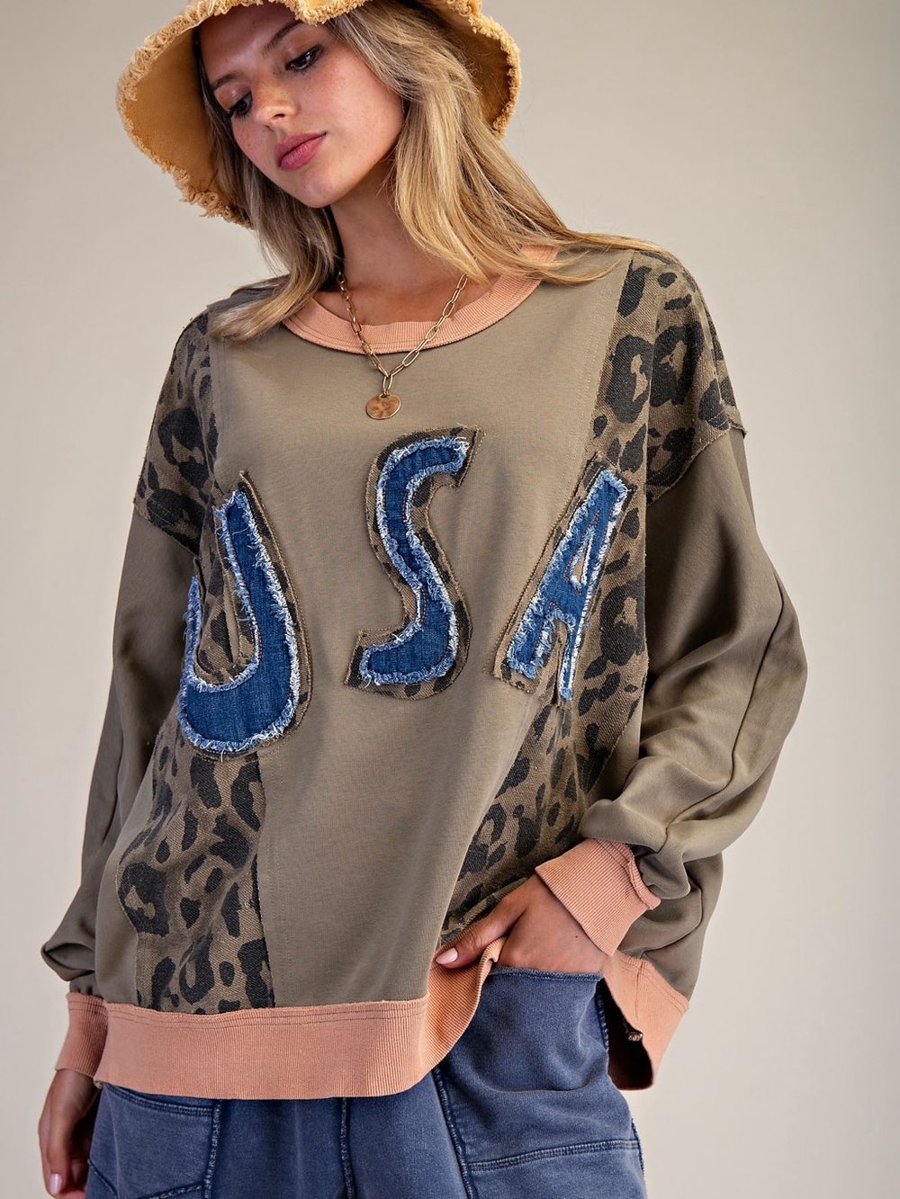 EASEL Olive Leopard-Panel Sweatshirt with Denim Appliqué
